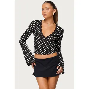 Polka Dot Lacey Plunge Neck Top