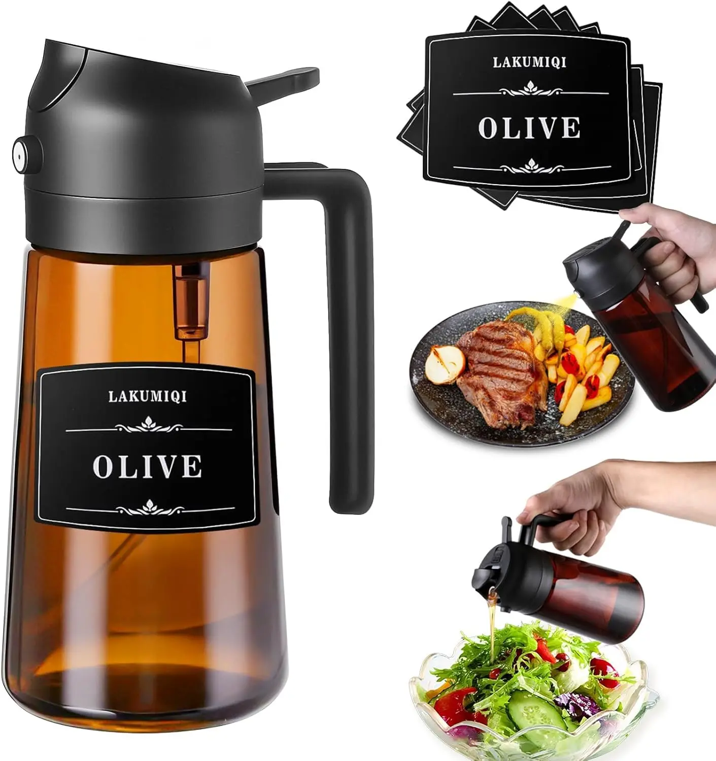 16oz Dark Glass Olive Oil Sprayer Dispenser - Kitchen Utensils, 2-in-1 Lightproof Borosilicate Glass Oil Bottle with Wide Mouth for Easy Refill & Cleaning