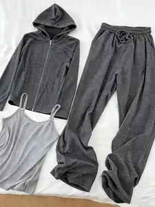 Plus Size Women's Spring Fashion Hoodie & Casual Wide Leg Pants Set, Three-Piece Women's, Comfortable Daily Wear