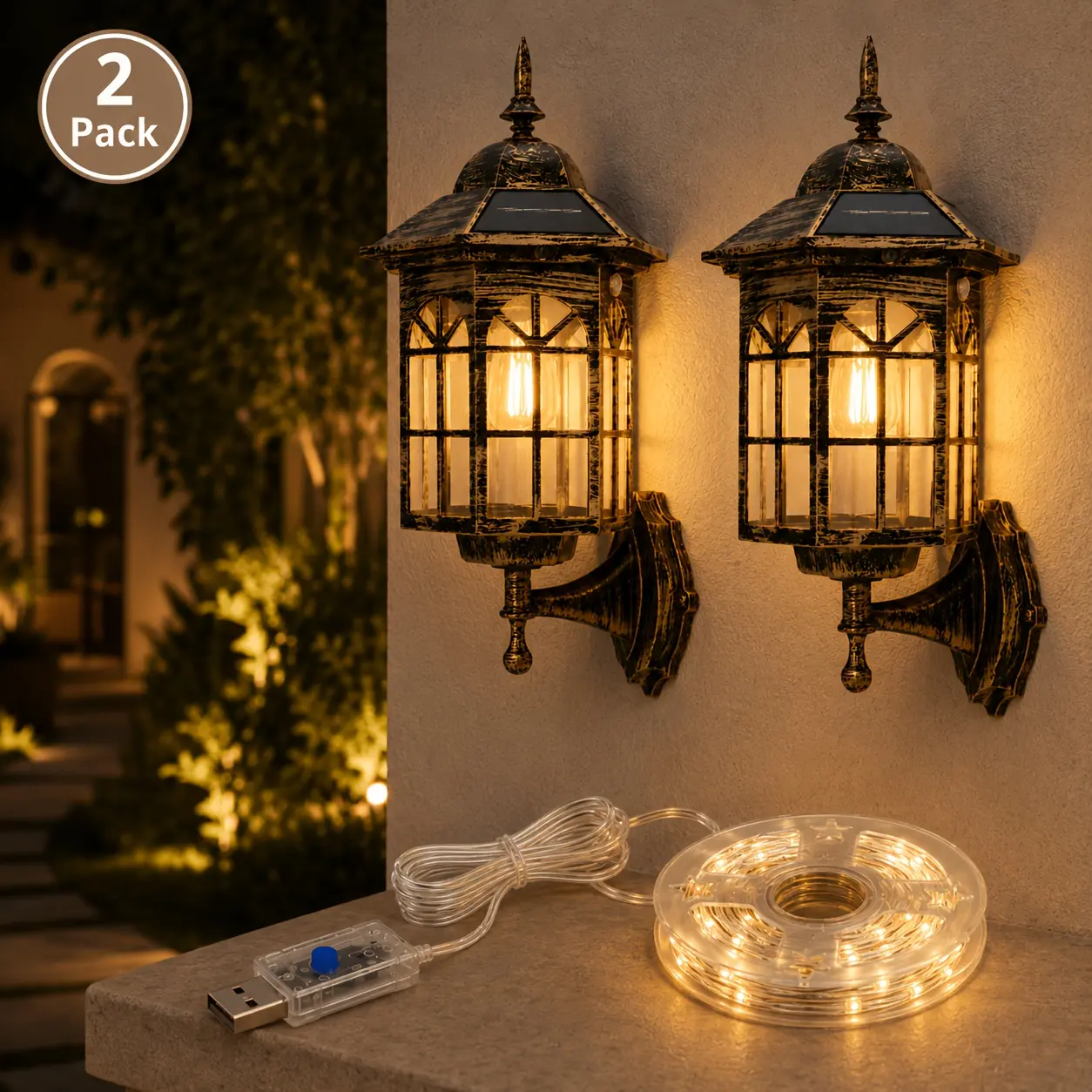 Solar Outdoor Lights Bundle: 2-Piece Bronze Finish Wall-Mount Motion Sensor Lanterns, 65.6FT 200-LED USB Warm White Fairy String Lights for Porch, Garden Decor (No Remote Control)