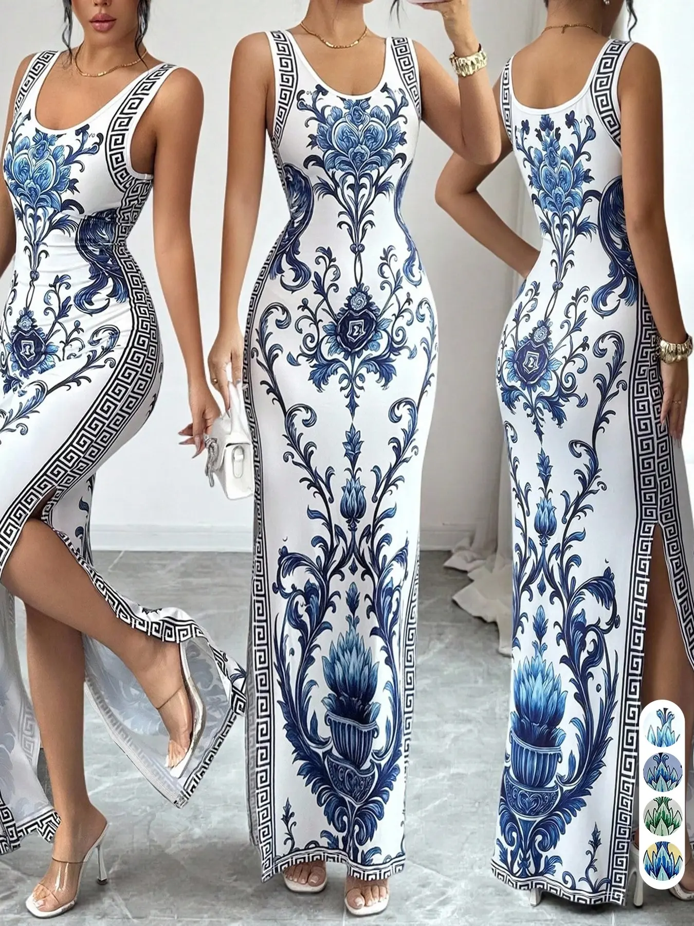 Blue-and-White Porcelain Style Print Sleeveless Long Bodycon Dress for Summer Beach & Vacation, Evening Party Wear
