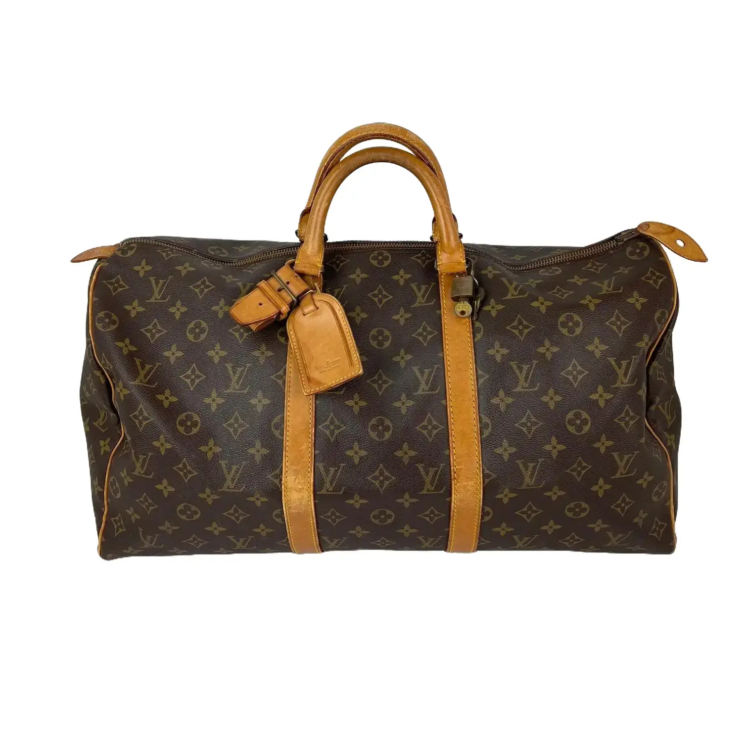 Pre-owned Louis Vuitton canvas Luggage Monogram Keepall 50 Duffle Bag Travel with Gold Leather Strap, Zip Closure, and Piping, Vintage, Scuff Marks