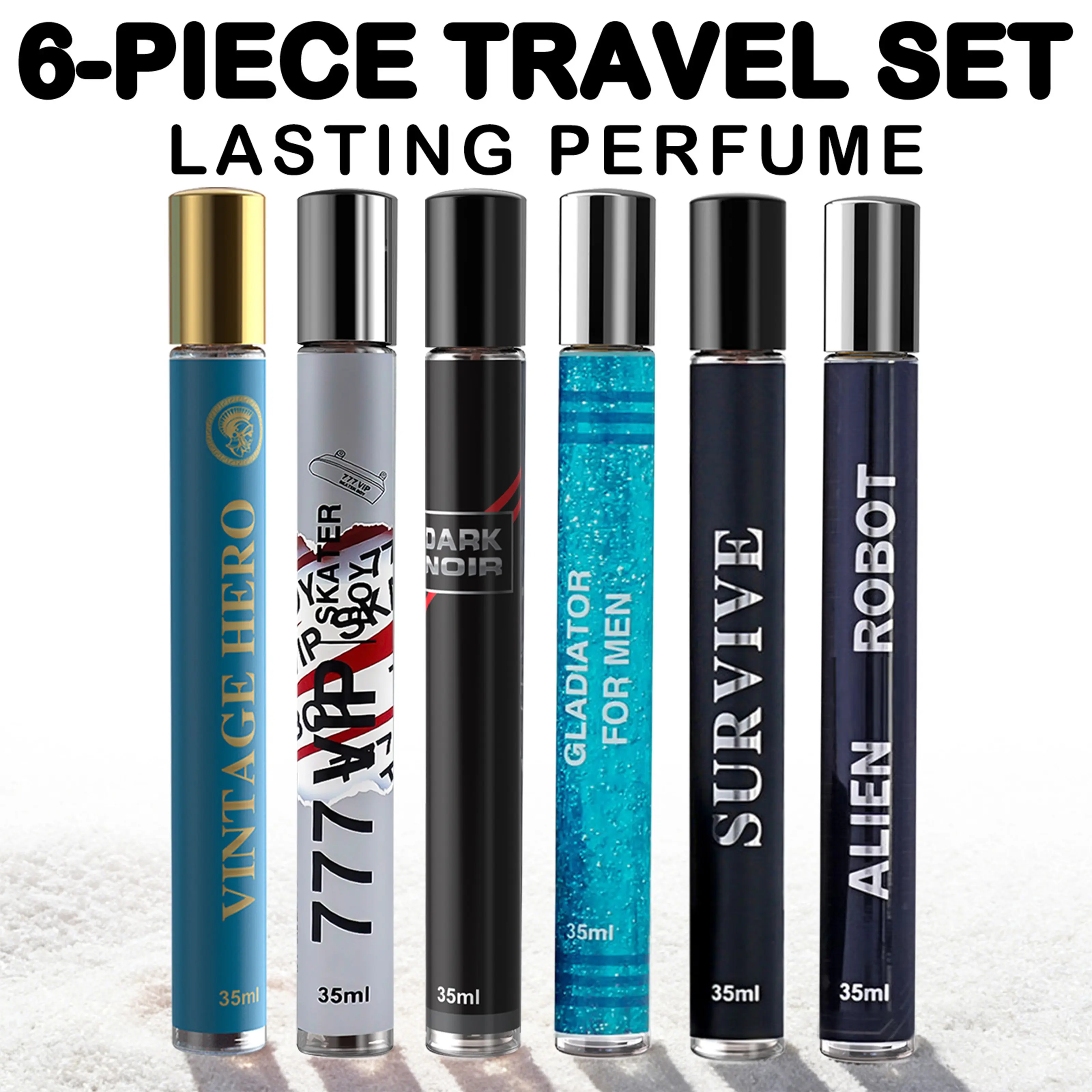 6 Pack Men's Portable Perfume | 6 PACK Total：7.1 OZ / 210 ML | 35ML Each | 6 Scents: Citrus/Woody/Marine/Fougere/Leather/Spicy | Compact & Portable, Different Scent Every Day, Perfect for Commute & Dates, Gift for Him