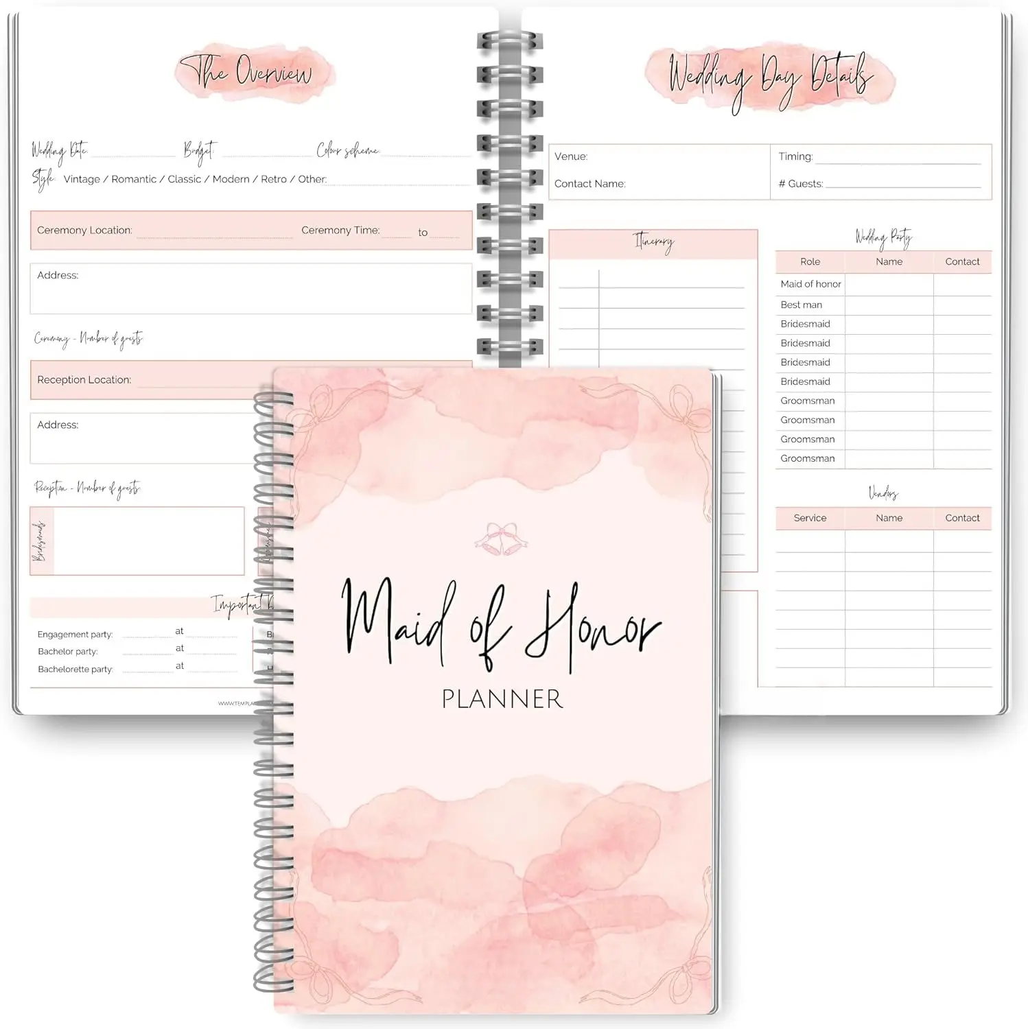 Maid of  Planner  Wedding Planning Organizer for Bridesmaids | Bachelorette & Bridal Shower | Matron of , 120gsm  Paper, Soft Touch Cover | Wedding Checklists & More | A5 Pink