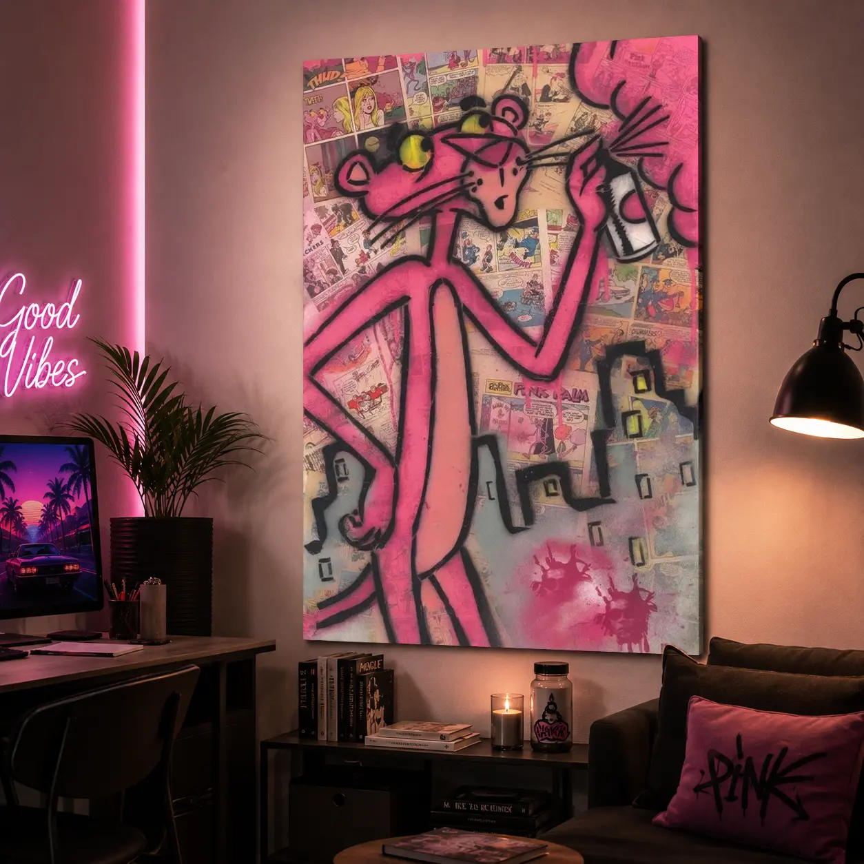 Pink Panther Graffiti Canvas Wall Art Poster, Urban Street Style Pop Art Decor for Hip-Hop Lovers & Trendy Room Decor Fans, framed Fade-Resistant Modern Funky Aesthetic for Bedroom Living Room Bathroom Studio Decor