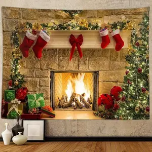 Festive Christmas Polyester Wall Tapestry - Santa Claus, Stockings, Tree Design Fireplace Backdrop Hanging, Battery-Free Electricity-Free Home Holiday Party Decoration Supplies, Wall Tapestries