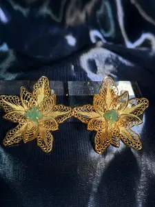 Floral Filigree Earrings- 18K Gold Plated 925 Sterling Silver Filigree, Handmade, Green Stone Floral Statement Earrings
