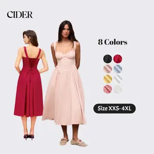 Cider Maxi Dress – Women's Daily Casual Ruffled U-neckline Lace Up Back Fixed Straps A-line Flared Cotton Blend Dress - Balletcore Aesthetic Romantic Date Picnic Gown for Summer SwimWeek