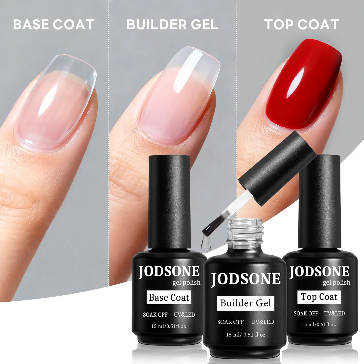 JODSONE 3-Piece Nail Care Gel Polish Set - 15ml Cosmetic Bottles (Base Coat, Top Coat, Builder Gel) for Extension, Strengthening, 21-Day Wear DIY Art (Soak Off), Strong, Long-Lasting, Multi-Pack, Durable, Gel Shine Finish