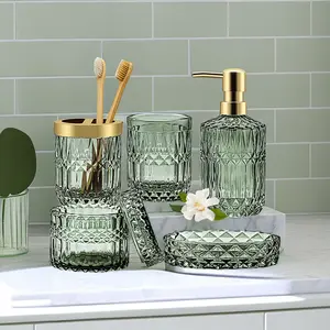 Green Bathroom Accessories Set, 5Pcs Clear Glass Bathroom Accessories, Vanity Bathroom Decor, Hand Soap Dispenser, Soap Dish, Toothbrush Holder Set, Modern Countertop Organizer, Housewarming Gift Set