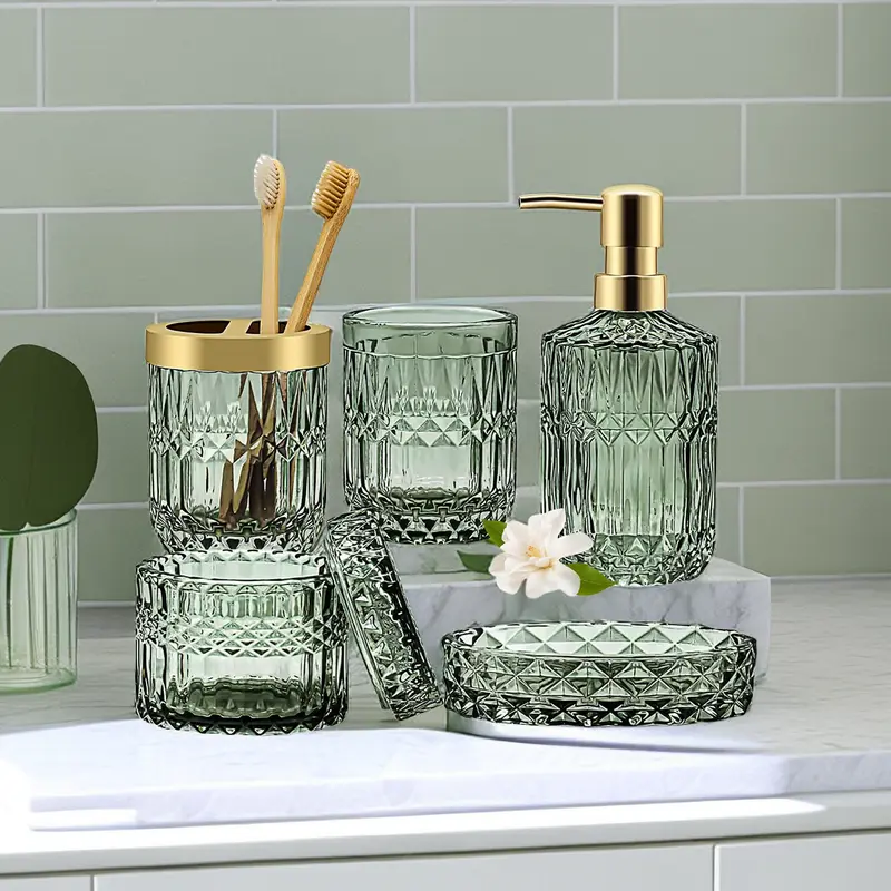 5-Piece Diamond-Cutting Green Glass Bath Accessory Kit - Vanity Countertop Organizer with Hand Soap Dispenser, Soap Dish, Toothbrush Holder, Jar, Ideal for Birthdays, Christmas, Mother's Day Housewarming Gifts