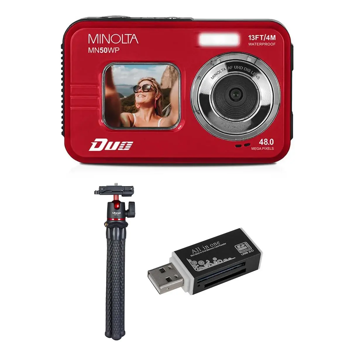 Minolta Duo MN50WP 48 MP AF 5K Ultra HD Waterproof Digital Camera with Dual Front & Rear LCD, Red with Essessory kit