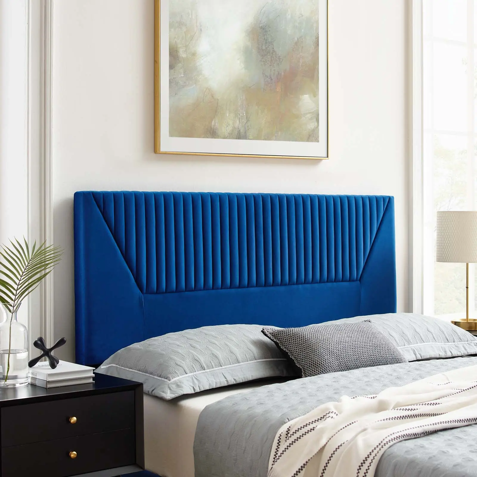 Modway Patience Adjustable, Fabric Upholstered Channel Tufted Performance Velvet Full/Queen Headboard, Navy, Adjustable Headboard, Fabric Upholstered Headboard