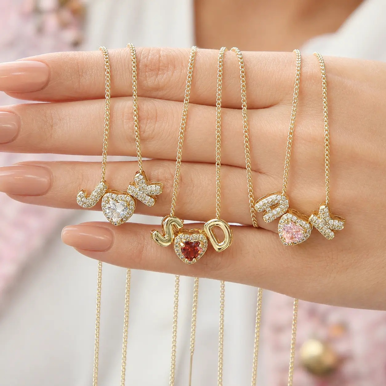 Custom Name Necklace with Heart Charm & Birthstone Personalized Gold Letter Necklace Dainty Layering Jewelry Gift for Her