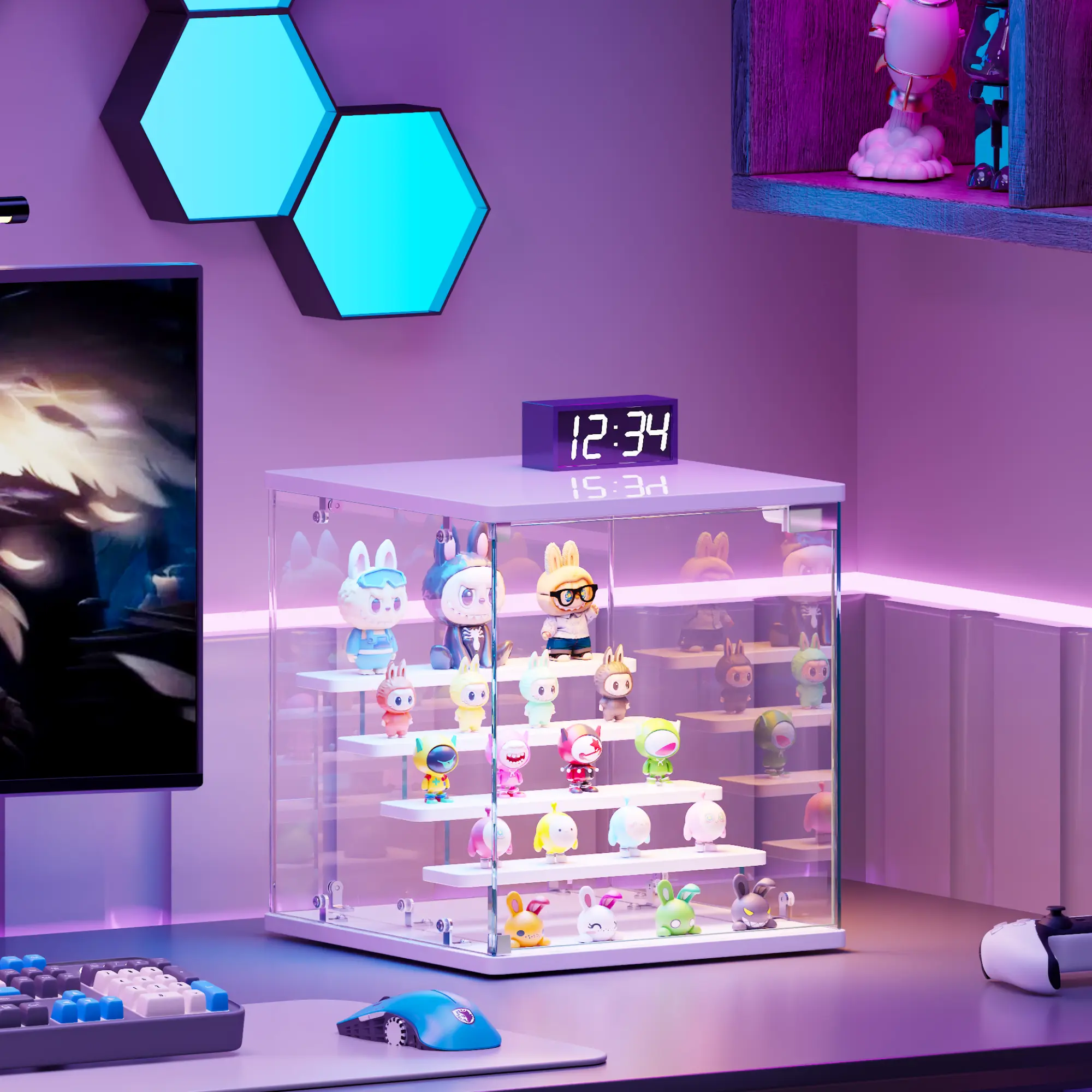 FREDEES RGB Illuminated Clear Glass Display Case, 4 Adjustable Display Tiers, Dustproof Glass Door Cabinet, DIY Desktop Showcase for Collectible Figures, Scale Models & Home Decor