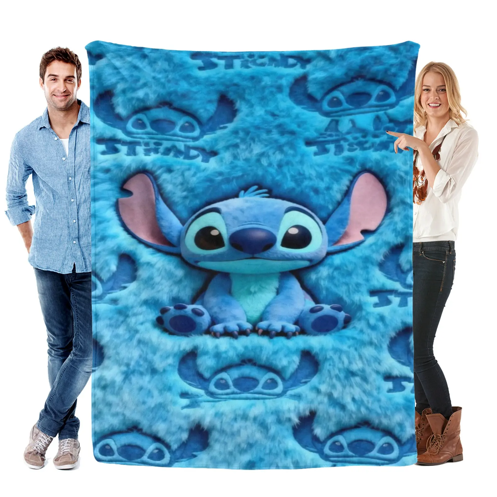 [Summervibes] Disney Blue Furry Repeat Stitch Portrait Flannel Blanket - Ultra Soft Wrinkle Resistant, Cute Cartoon Decor Blanket For Teen Girl Gaming Room & Matching Bedroom Bedding Set