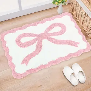 Scalloped Bow Bathroom Mat Non-Slip Coquette Bow Bath Rug, 16x24 Inch Cute Aesthetic Scallop Carpet Absorbent Microfiber Bath Mat for Bathroom Shower Bedroom Dorm Kitchen Living Room Decor (Pink)