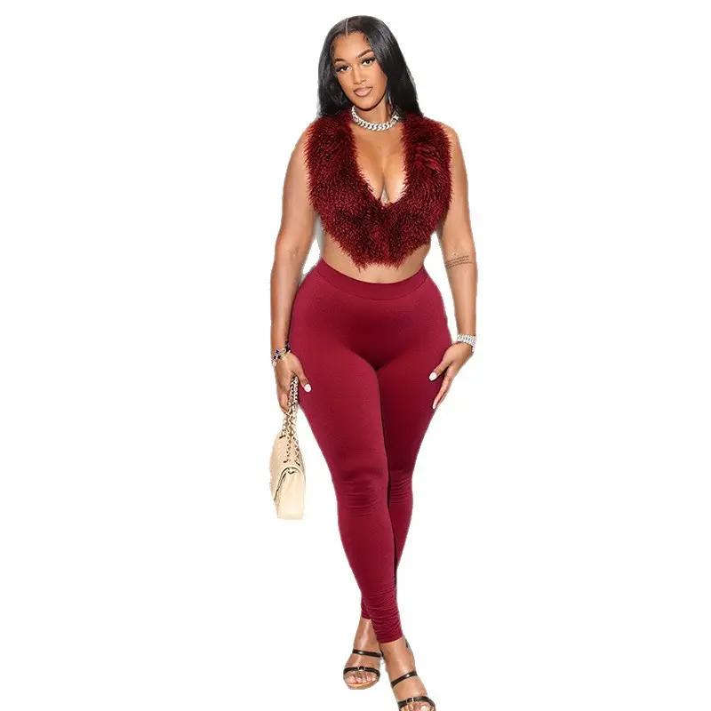LebellaNova Really Cute Faux Fur Open Back Halter Top and Fitted Legging Pant Set Womenswear Chic Clothes Tube Outfit