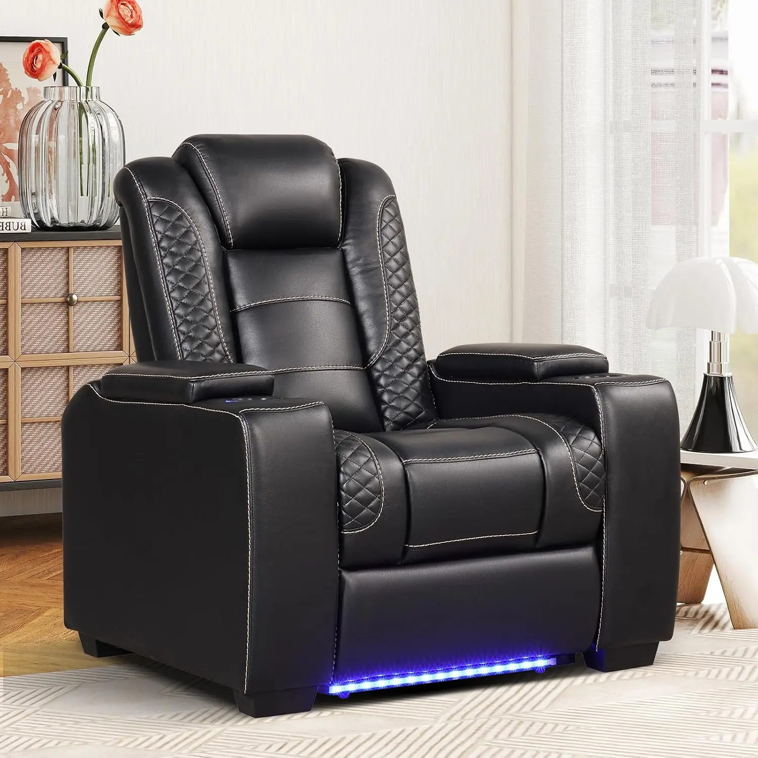 EBELLO Black PU Leather Dual Motor Power Recliner Chair - Home Theater Seating with 40"w x 42.5"d x 42.9"h, Adjustable Headrest, Cup Holders, LED Lights, USB Port, Hidden Arm Storage, Easy Setup (Father’s Day Pick), Adjustable Modern Recliner, Bedroom