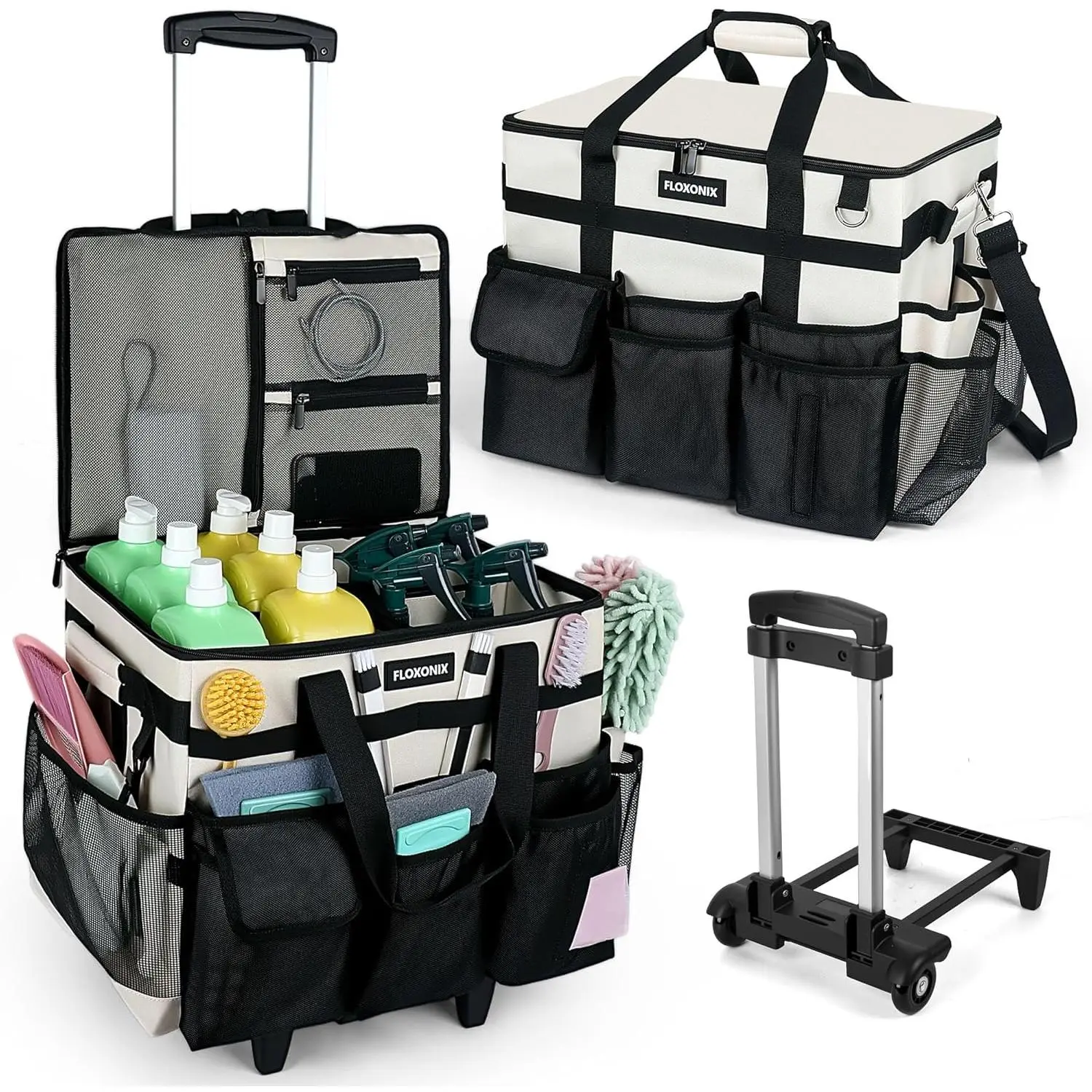 Large Rolling Cleaning Caddy Bag with Wheels, with Detachable Trolley, Cleaning Bags on Wheels for Housekeepers, Cleaning Cart Supplies Organizer for Home, Car, Picnic (Beige)