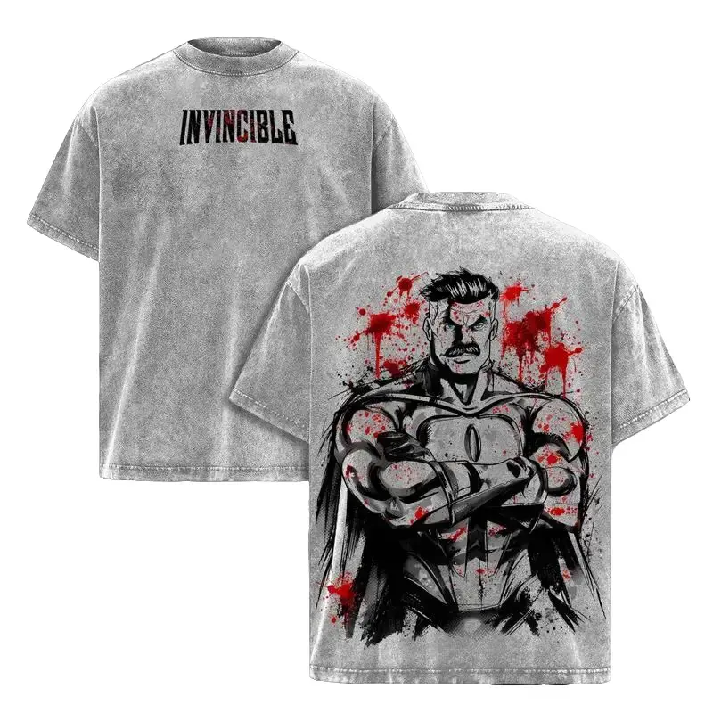 Omni-Man Washed Tee & Hoodie – Invincible Viltrumite Warrior Anime Graphic Double Printed T-Shirt, Menswear Heavy Cotton Unisex Oversize Streetwear Vintage Retro