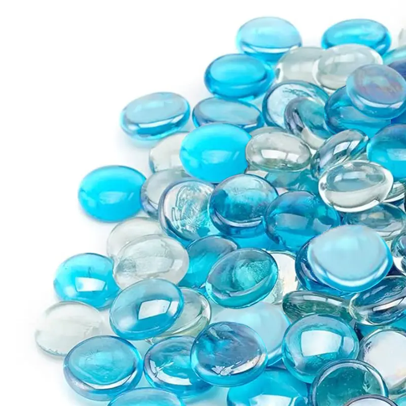 1LB Clear Flat Glass Marbles (17-19mm, Blue/Clear) - Decorative Pebbles Aquariums, Glass Terrarium Pebbles, Tabletop Decorative Stones, Vase Filler, Crystal Gem Beads, DIY Crafts Supplies for Home Aquatic Plants