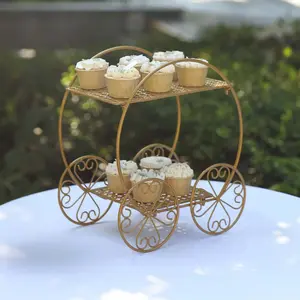 2-Tier Metal Cupcake Dessert Display Stand 14" Gold Princess Carriage Style - Decorative Wedding Cake Centerpiece Stand for Fairytale Themed Events & Parties