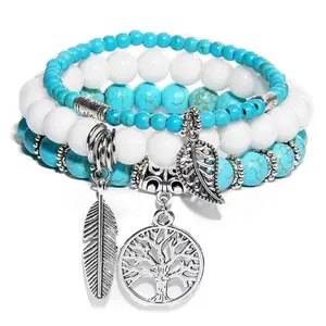 Bohemian style personalized bracelet for women with natural beads, turquoise, and tree of life pendant combination bracelet for women