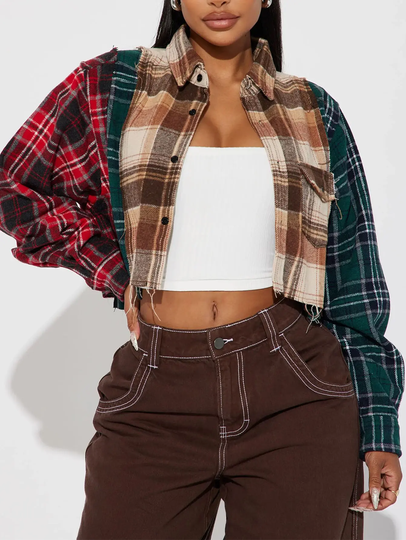 Women's Cropped Plaid Shirt, Vintage Patchwork Button-Up Top with a Raw Edge Hem, an Easy to Layer and Mix-Match Piece, Long Sleeve, Fabric, Casual, Full Sleeves, Short Crop, Raw Hem, Comfortable, Style, Everyday, Flannel, Street Style, Soft, Fitted, Brea