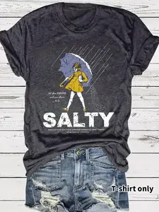 Women's Umbrella & Sality Girl Print Round Neck Tee, Vintage Trendy Casual Lightweight Knit Fitted Short Sleeve T-shirt for Daily Wear, Everyday, Ladies Summer, Top