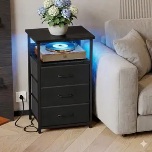 Night Stand with Charging Station, LED Nightstand with U-S-B Ports and Outlets, 4 Fabric Storage Drawers with PU Finish, Bedside Table, Black