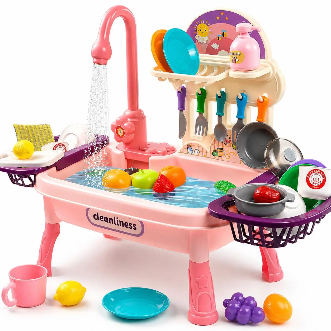 Kids Play Sink Toy for Toddlers, Pretend Kitchen Sink Set with Running Water Faucet, Dishes, Utensils, Play Food & Drying Rack, Dishwashing Role Play Gift