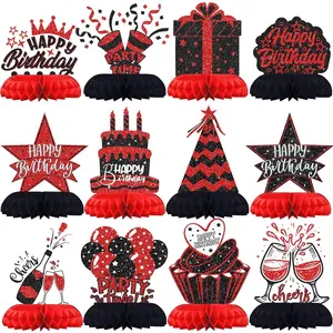 Black and Red Birthday Decorations - 12 count Honeycomb Table Centerpieces for Men Women Adults - Happy Birthday Table Decor Party Supplies