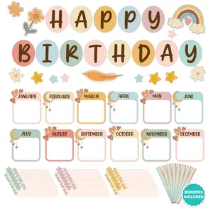 97 Pcs Cutouts Boho Birthday Bulletin Board Decorations Set with Borders, Boho Classroom Decor