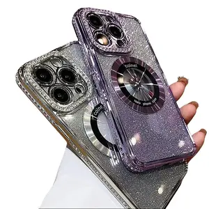 Glitter Gradient Transparent Phone Case for iPhone 11 12 13 14 15 16 Pro Max Plus | Magnetic Diamond Protector with Logo View, MagSafe Compatible