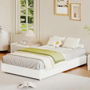 GAOMON Twin Size Cloud Bed Frame，Corduroy Low Bed Frame Without Headboard, Thick Fabric Upholstered Platform Bed, Solid Wood Legs, No Box Spring Needed, Never Squeak, Easy Assembly, White