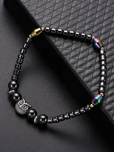Hematite Owl Anklet, Stretch Black Beaded Ankle Bracelet with Colorful Accent Beads, Unisex Jewelry for Daily Wear & Gifting