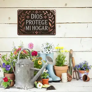 2D Flat, 1pc Dios Protege Mi Hogar Spanish Religious Metal Tin Sign, Vintage God Bless My Home Metal Sign Print Aesthetic Room Decoration for Home Bedroom Kitchen Bar Coffee Bathroom Indoor Outdoor Wall Decor, 8 X 12 IN