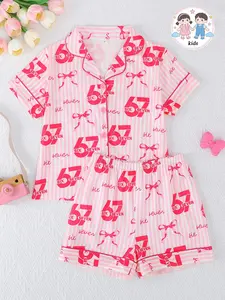 2-Piece Kids Pajama Set, Short Sleeve Button Front Top & Shorts, Casual Striped Digital Print, Girls Medium Large, All Seasons, Striped Pajama Sets, Summer Sleepwear Set
