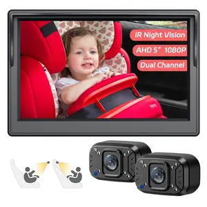 【Dual Channel 】Car Camera, 5 inch Display with 2 IR Night Vision Camera, Easily Install Car Mirror 1080P Clear Car Camera for Rear Facing Seat Backseat