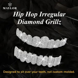 Hip Hop 2 pcs/set gifts Silver Cubic Zirconia Grillz-Designed to sit over your teeth, not custom-molded, 10 Teeth Adjustable Dental Braces,Mirror-Shine Teeth Jewelry for Rappers