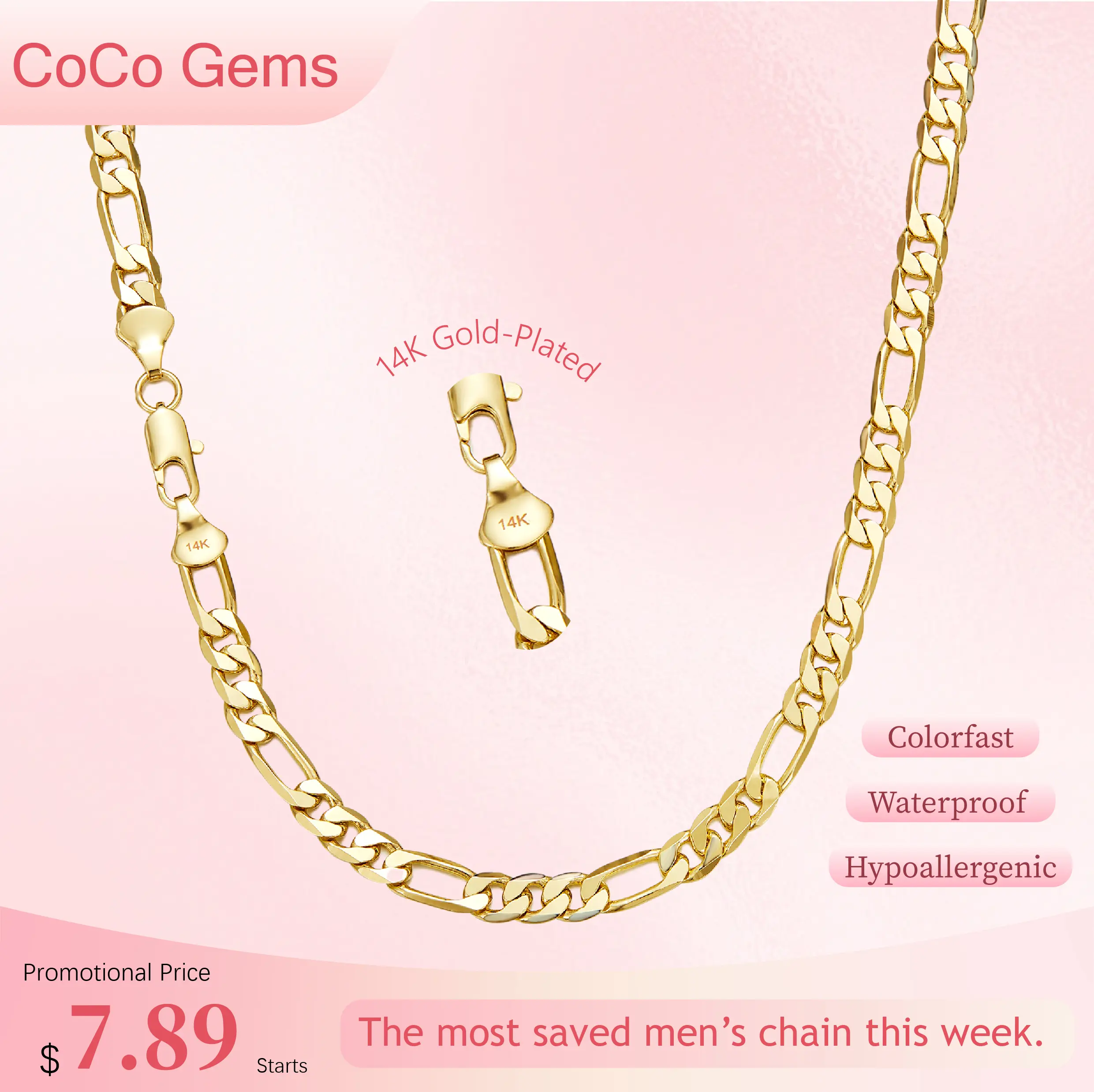 Men’s 14K Gold Plated Figaro Chain Necklace, 2mm-10mm Italian Link Chain,20/24 Inch Tarnish Resistant Hip Hop Everyday Jewelry Gift
