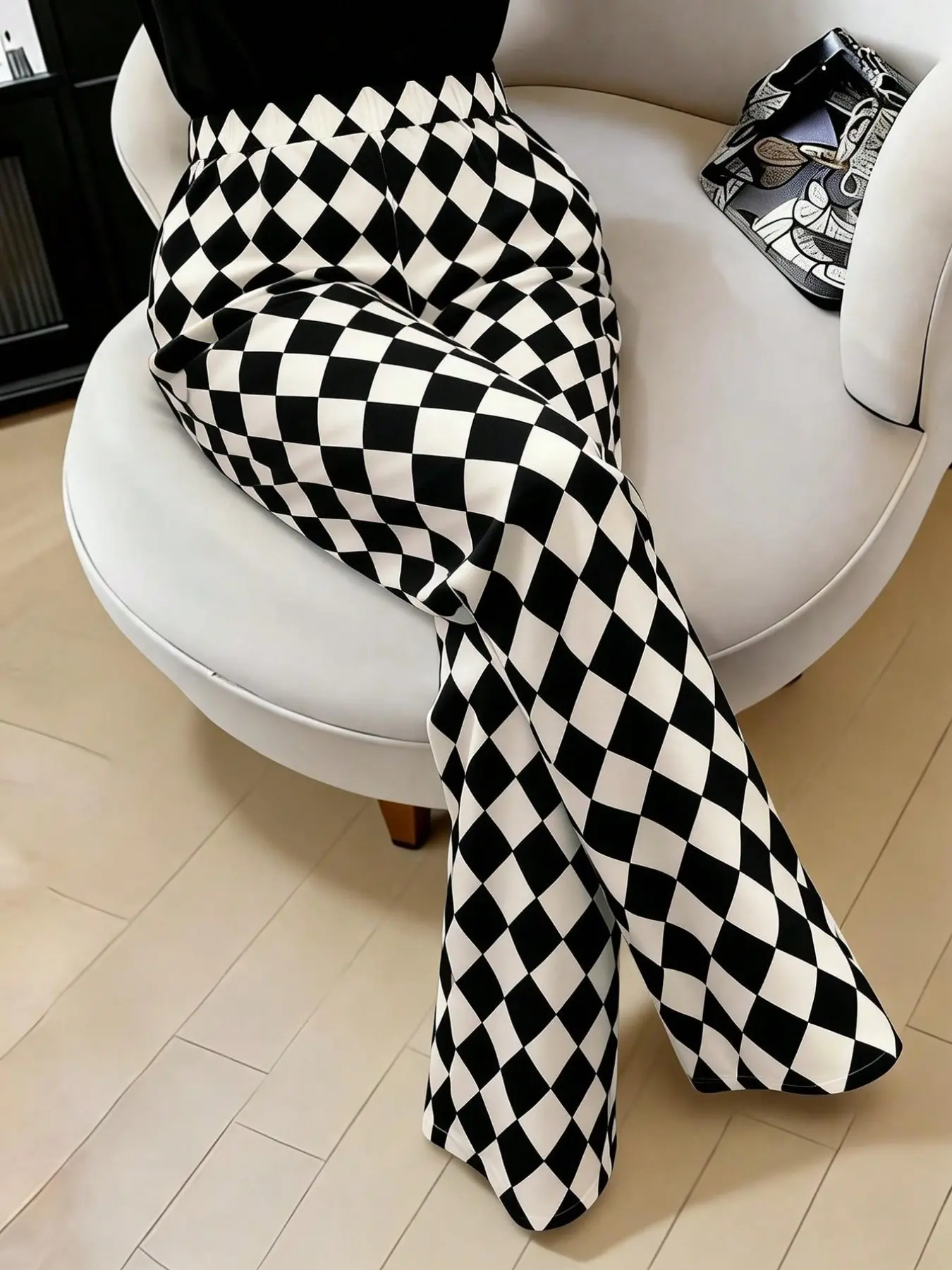 Plus Size Women Vintage Wide Leg Pants Bottoms, Baggy, Fashion Casual Comfy, Womenswear, Classic Checkered Plaid, High Waist Elastic Waistband, Y2K Style, Loose Fit, Casual Wear, Party, Vacation