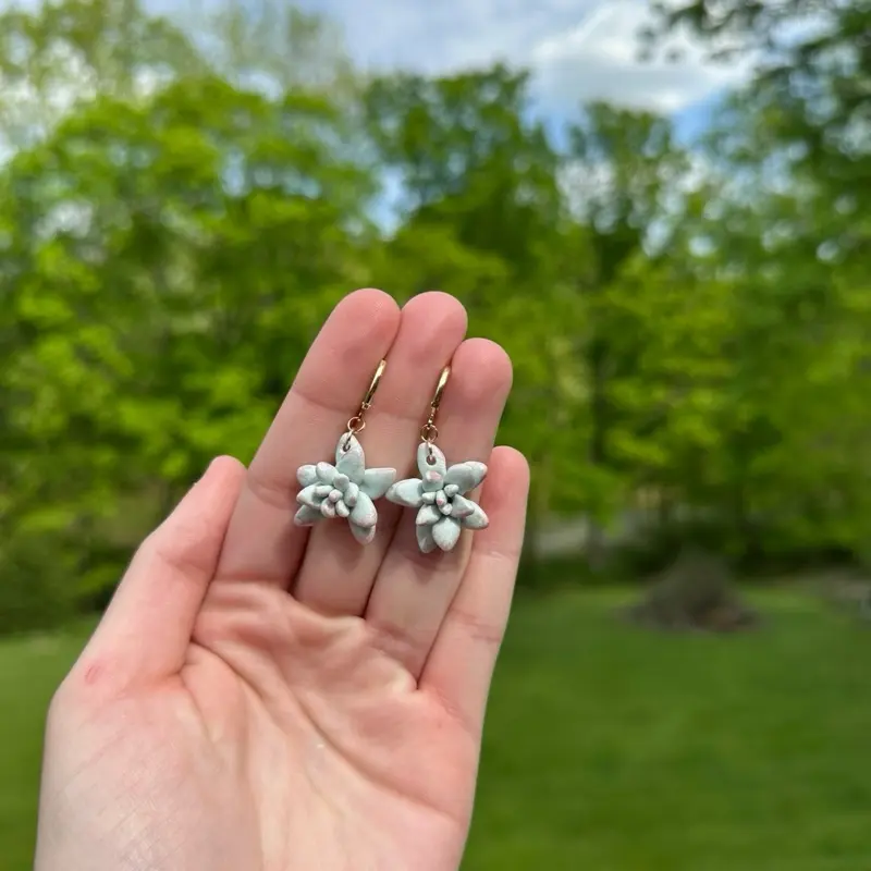 Succulent Handmade Clay Earrings with Floral Design