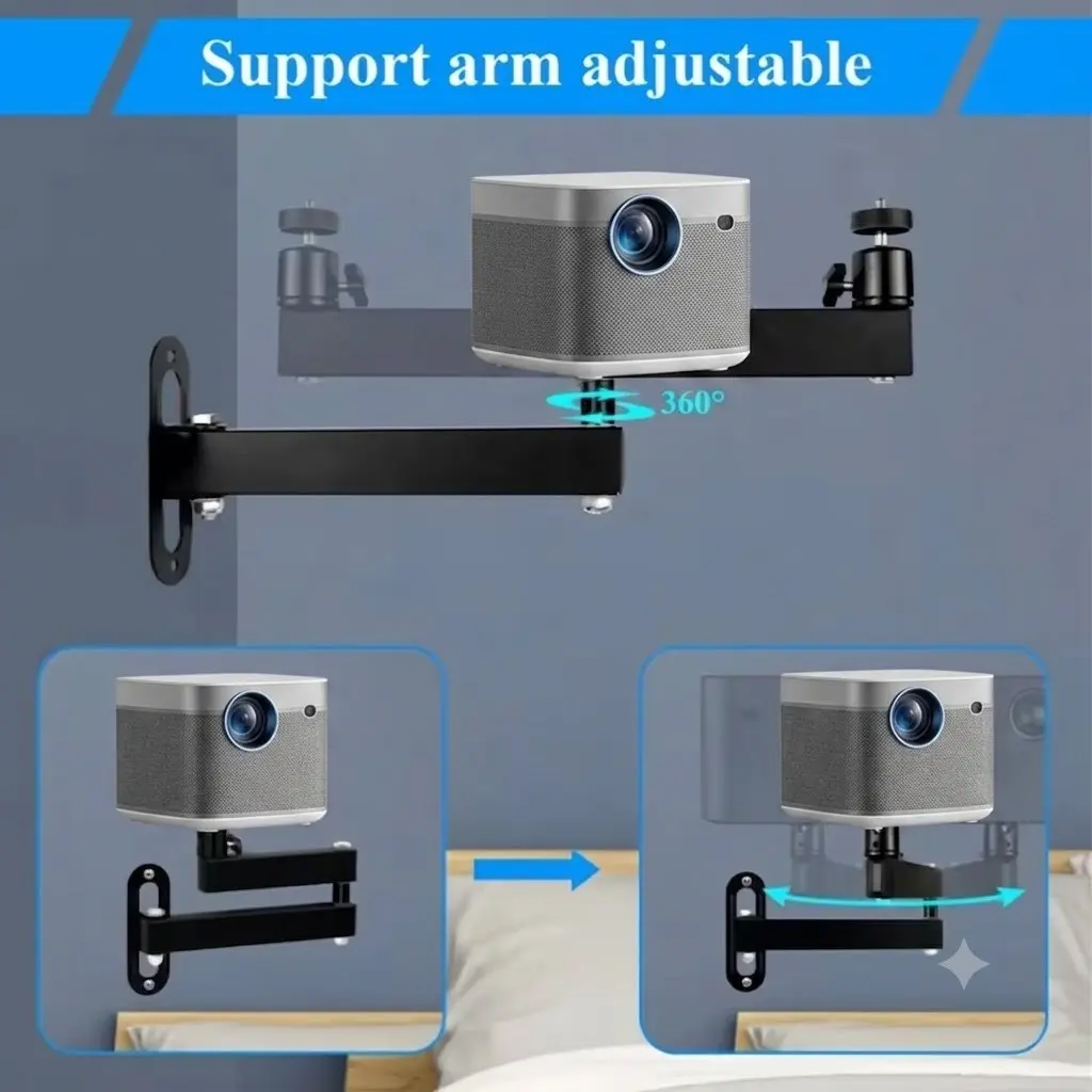 360° Adjustable Heavy-Duty Projector Stand, Swivel Base, Wall-Mounted Folding Gimbal Bracket, Durable Iron Frame, Easy Installation, Home Theater & CCTV, Adjustability