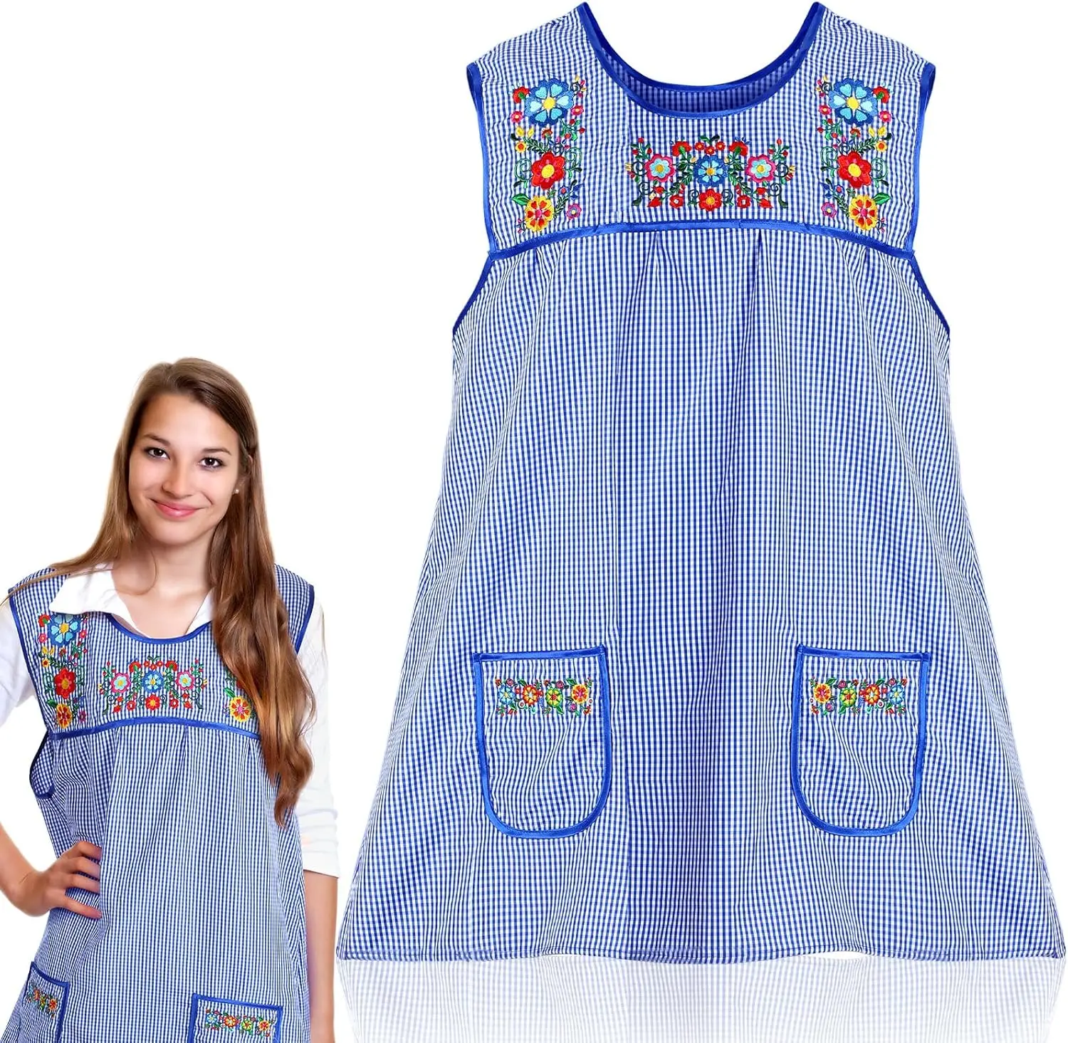 Traditional Mexican Women's Cooking Apron - Embroidered Floral Casual Waist Apron with Pockets for Home Supplies (Mandiles Para Mujer Mexicanos Mandil), Aprons With Pockets