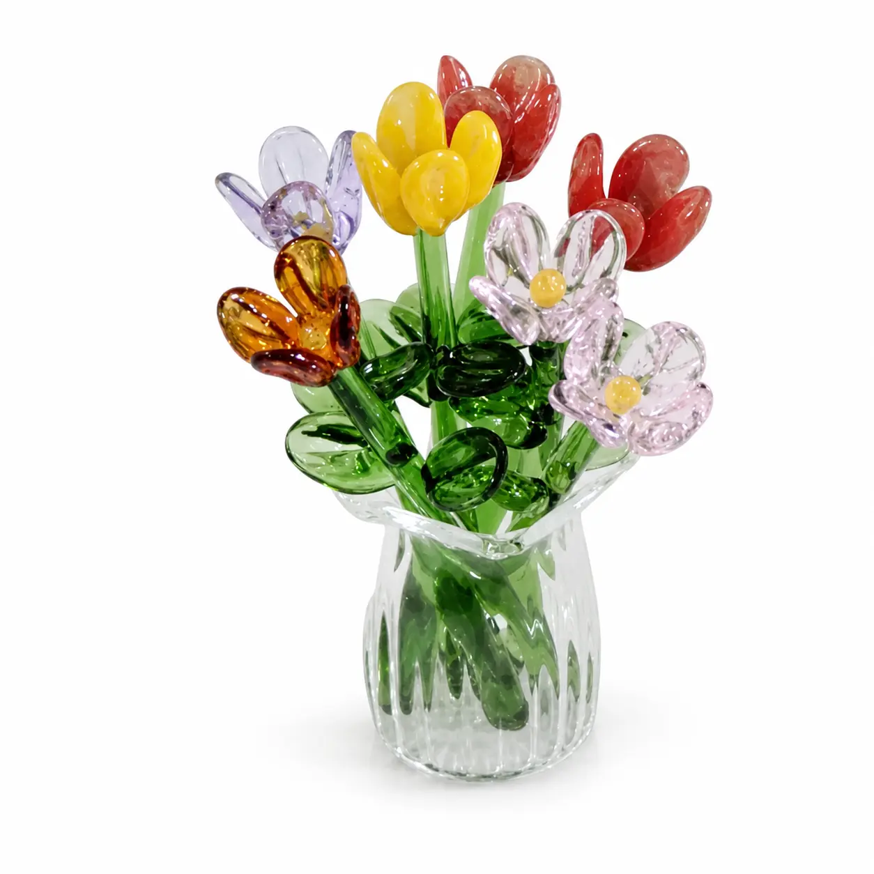 Handcrafted Mini Glass Flower Bouquet Ornaments - 8 Light-Catching Decorative Flowers in Vase for Windowsills, Room Decor Table Settings (Random Color)