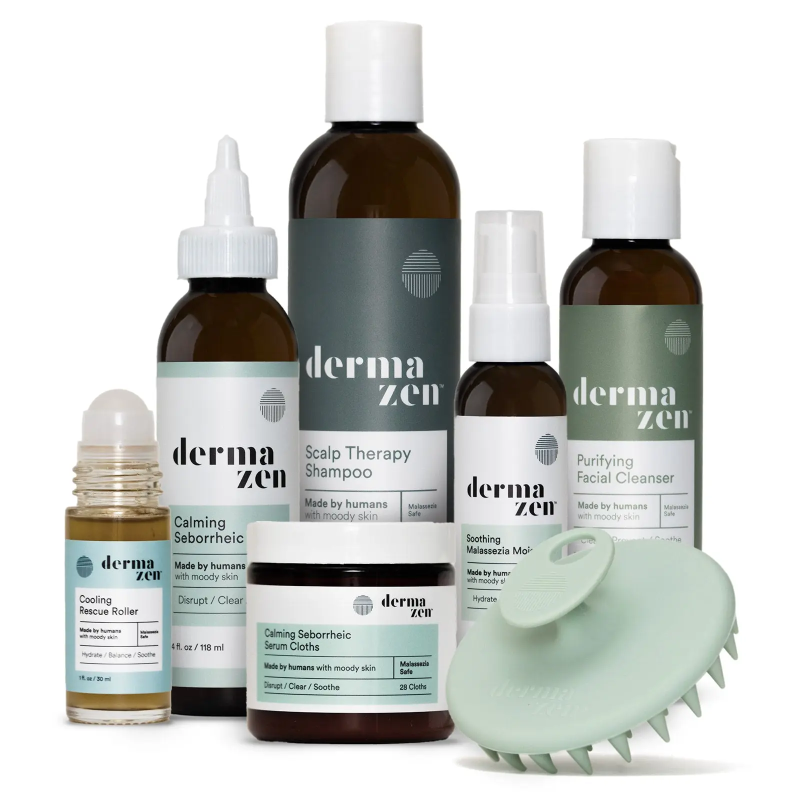 Dermazen Peaceful Skin System | 7-Piece Face & Scalp Kit for Flaky Red Itchy Skin | Shampoo, Facial Cleanser, Calming Serum, Moisturizer, Serum Cloths, Cooling Roller & Scalp Scrubber | Malassezia-Safe | Sulfate & Paraben Free