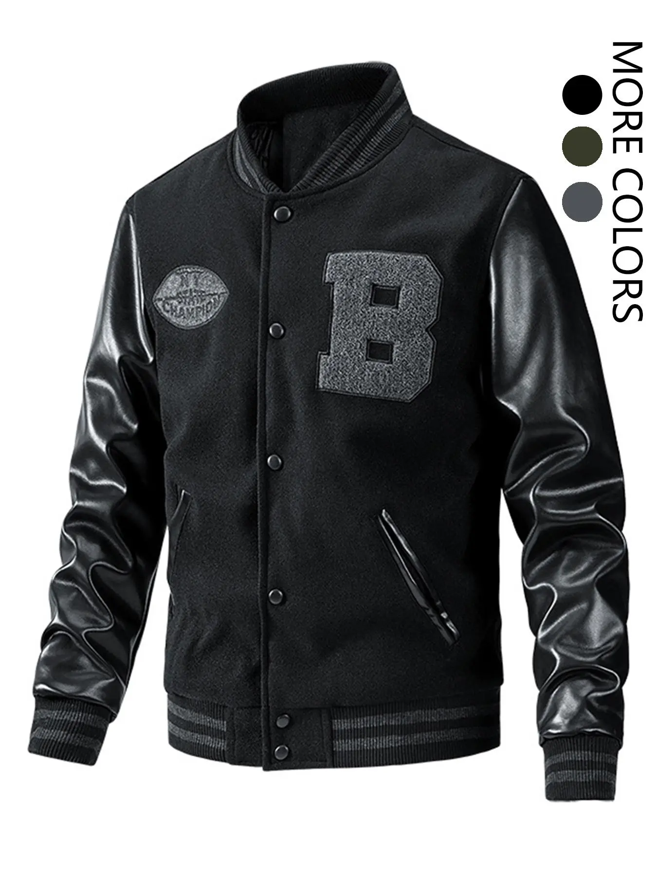 Men's Letter Patched Pocket Button Front Varsity Jacket, Casual Regular Fit Long Sleeve Stand Collar PU Leather Jacket Coat for Fall Winter