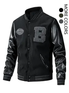 Men's Letter Patched Pocket Button Front Varsity Jacket, Casual Regular Fit Long Sleeve Stand Collar PU Leather Jacket Coat for Fall Winter